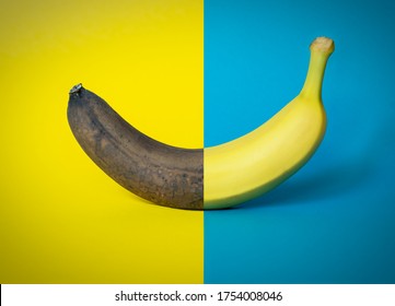 Half Good Half Gear Banana On Two-tone Blue And Yellow Background, Graphic Element, Concept Of Old And New, Modern Design, Ideal For Graphic Backgrounds