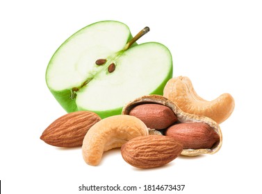 Half Of Green Apple, Cashew, Almonds And Peanut Nuts Isolated On White Background. Package Design Element With Clipping Path