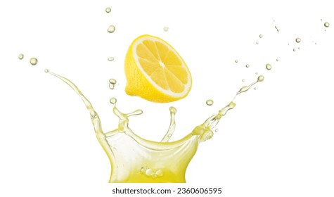 Half lemon falling into a crown shaped yellow juice splash isolated on white background. - Powered by Shutterstock