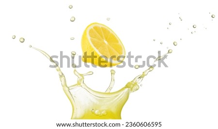 Half lemon falling into a crown shaped yellow juice splash isolated on white background.