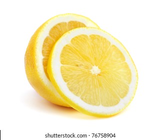 Half of a lemon with one slice isolated on white background - Powered by Shutterstock