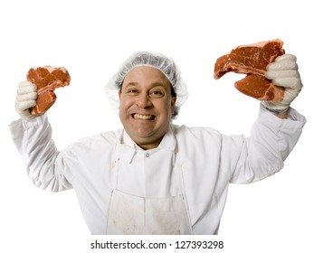 Half length of a grinning butcher with steaks - Powered by Shutterstock