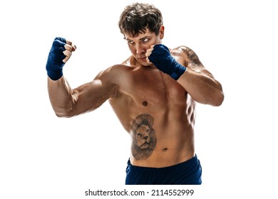 Half length of Male boxer training and practicing uppercut Isolated on white studio background. Concept of sport, healthy lifestyle.