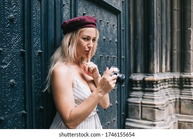 Half Length Portrait Of Attractive Female With Retro Technology Gesturing Shh Silence During Secrecy Communication Via Body Language, Pretty Woman With Vintage Camera In Hand Asking For Hush Quiet