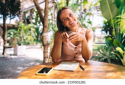 Half length portrait of cheerful talented student with notepad for planning studying process posing in street cafe, successful hipster girl with textbook and coffee cup smiling at camera outdoors