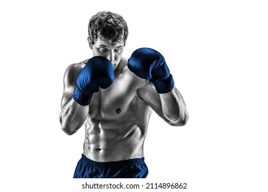 Half length of professional athlete boxer in blue gloves who isolated on white studio background. Fit muscular caucasian athlete fighting. Sport, competition concept. Black and white silhouette  - Powered by Shutterstock