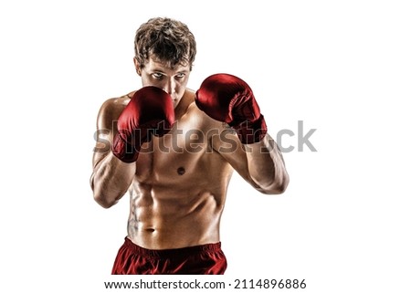 Half length of professional athlete boxer in red gloves who isolated on white studio background. Fit muscular caucasian athlete fighting. Sport, competition concept. 