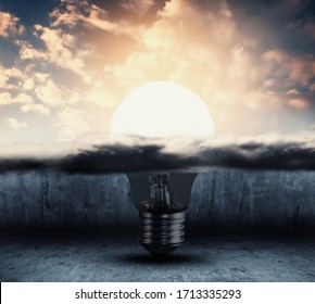 Half light bulb under cloud and other half outside and illuminated . Positive mindeset and success concept . 