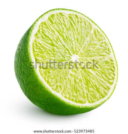 Half of lime citrus fruit (lime cut) isolated on white background. Sliced lime half with clipping path