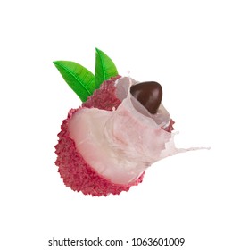 Half Of Lychee With Splash And  Leaves Isolated