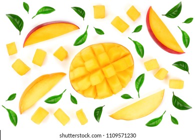half of Mango fruit decorated with leaves isolated on white background close-up. Top view. Flat lay