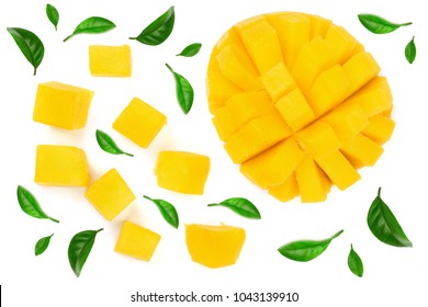 Half Of Mango Fruit With Leaves Isolated On White Background Close-up. Top View. Flat Lay. Fruit Composition