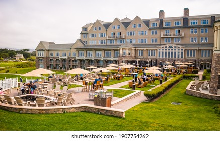Half Moon Bay, California, USA - July 25, 2020: Hotel guests at the patio of the Ritz Carlton Hotel