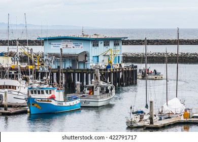 Half Moon Bay, California, USA - May 8, 2016:  Pillar Point Harbor , in San Mateo County, is a port of commercial and sport fishermen, including popular Dungeness Crab.