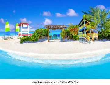 Half Moon Cay - small Caribbean island at Bahamas. Blue water and white sand. Collage - Powered by Shutterstock