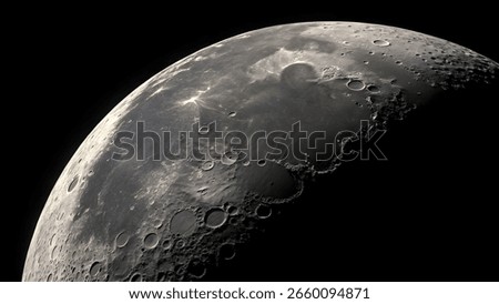 Half moon closeup in deep space with detailed craters and shadow across lunar surface