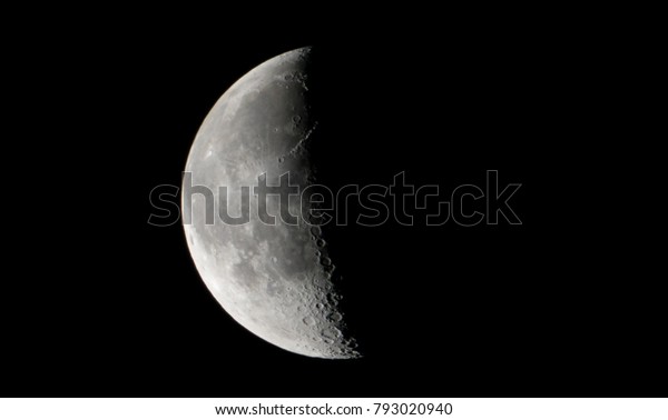 Half\
moon concept. Half moon on black background. It is a black and\
white image that see details on the surface. Look again is awesome\
suitable for background. Moon orbit planet\
Earth.