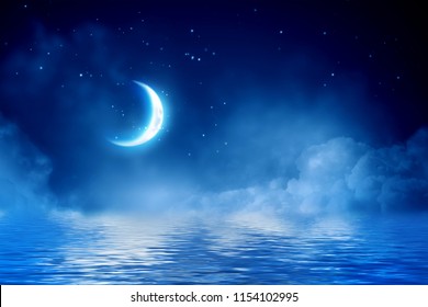 Half moon in starry sky