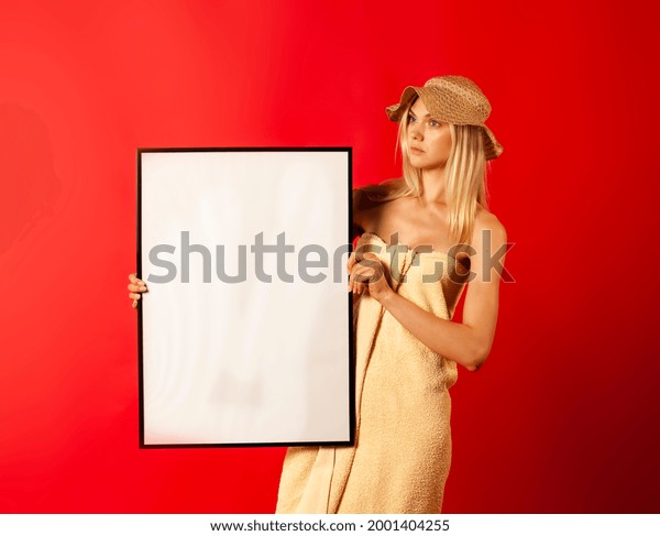 Half Naked Blonde Model Holding Mockup Stock Photo