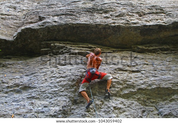 Half Naked Hiker Climbing On High Stock Photo Edit Now 1043059402