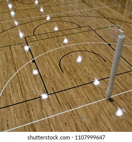 Half Netball Court Indoors With The Netball Hoop Positioned To The Right Side. 