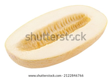 Half oval melon isolated on white background. Long Uzbek Russian melon half with clipping path. Full depth of field.