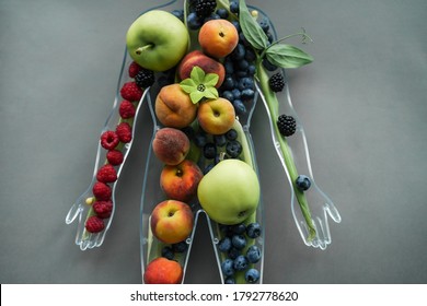 Half part of plastic body full of fruit and berry in grey background. Horizontal view of human body with vegan food instead. Beautiful illustration of healthy diet. Go vegan