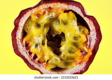 Half of a passion fruit photographed close-up.