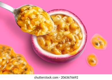 Half Passionfruit With Pulp, Spoon And Drops On A Pink Purple Background, Photographed From Above.