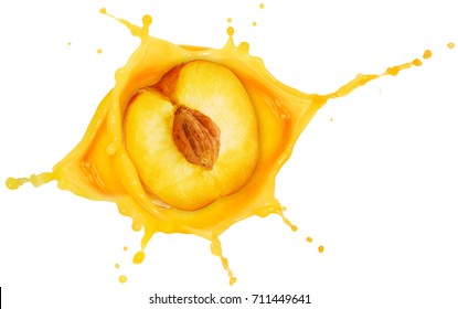 half peach fallen into a juice splash isolated on white