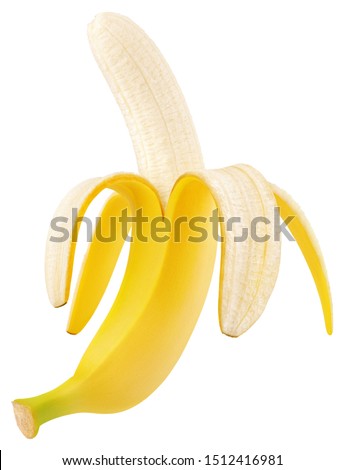 Half peeled banana isolated on white background. Ripe open banana with clipping path. Full Depth of Field