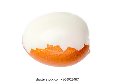 Half Peeling Of Hard Shell Boiled Egg Isolate On White Background.