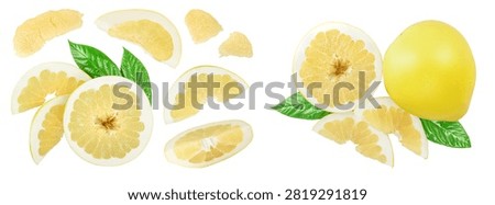 half of pomelo with slice and leaf isolated on white background. Top view. Flat lay.