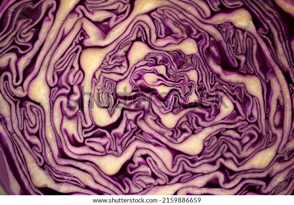 Half the red\
head cabbage. Divided by a\
knife.