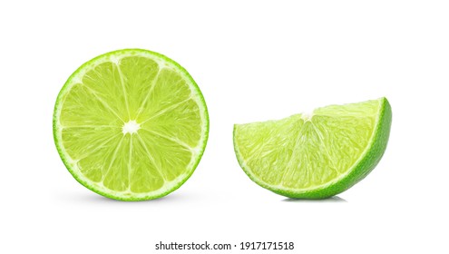 Half and slice of lime fruit isolated on white background.