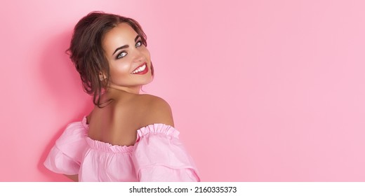 Half Turned Close Up Photo Of Glad Gorgeous Beautiful Tenderness She Her Woman Breast Cleavage Wearing Pale Flawless Isolated On Rose Background. 