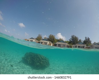 Half Underwater Shot With Fishes And Water Villas