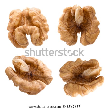 Half of walnut shot in different point of view without shadow. Half of walnut on white background. Macro photography, detail shot. Close shot of walnut on white background. Studio shot