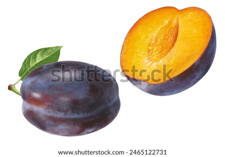 half and whole plum, isolated