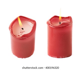 Half-burned Lit Red Candle Isolated