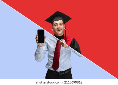 Half-face collage. Portraits of businessman and young boy, graduate student isolated over red and purple background. Concept of lifestyle, occupation,. profession, choice, art and ad