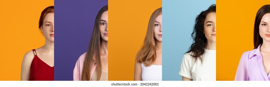 Half-face collage of young beautiful women isolated over multicolored background. Natural beauty aesthetics. Youth culture. Concept of emotions, facial expression, feelings, fashion, beauty.