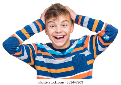Half-length emotional portrait of caucasian teen boy. Surprised teenager looking at camera. Handsome happy child, isolated on white background.