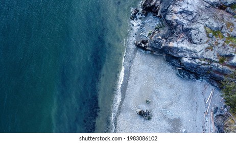 Halfmoon Bay, Sunshine Coast Beach Aerial View Showing Pebble Beach And Rocky Outcrop 