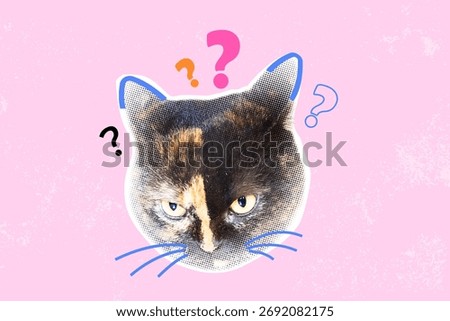 Halftone collage with cat faces and question mark signs on pink background. Art collage digital pop modern art