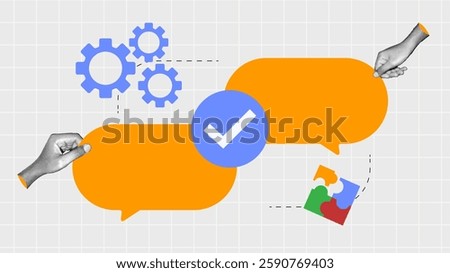 halftone collage, Collaboration and teamwork concept with speech bubbles, gears, hand gesture and a checkmark. business communication, problem-solving, workflow automation, and digital marketing 