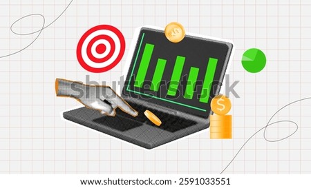halftone collage, Data analytics and financial growth concept with laptop, charts, coins, hand gesture and a target