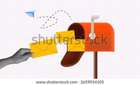 Halftone collage, hand gesture inserting an envelope to send a letter to a mailbox. Email marketing, communication, newsletter, and postal service