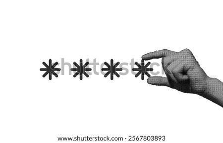 halftone collage, hand selecting an asterisk , password security and privacy. cybersecurity and protection, or password management concepts, security content