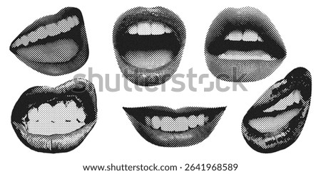 Halftone collage lips gesture set, Dotted modern retro urban pop art style. Cutout grunge grainy clipping shapes.